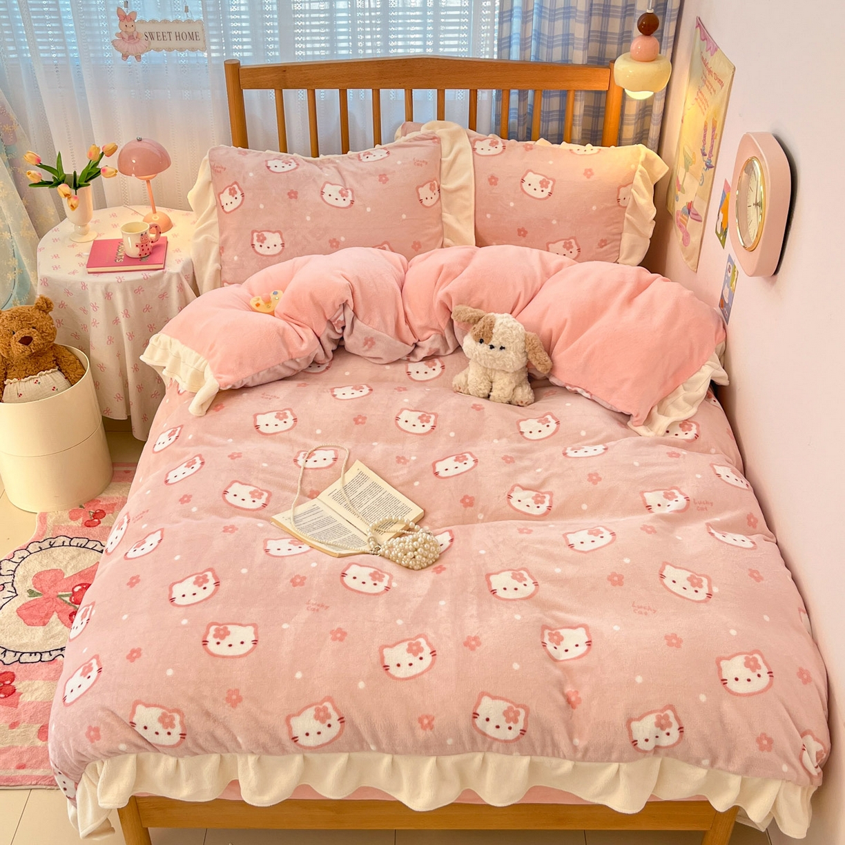 91家纺网 家纺一手货源 找家纺 川悦生活 2025新款A类韩版花边牛奶绒四件套 花边少女喵喵