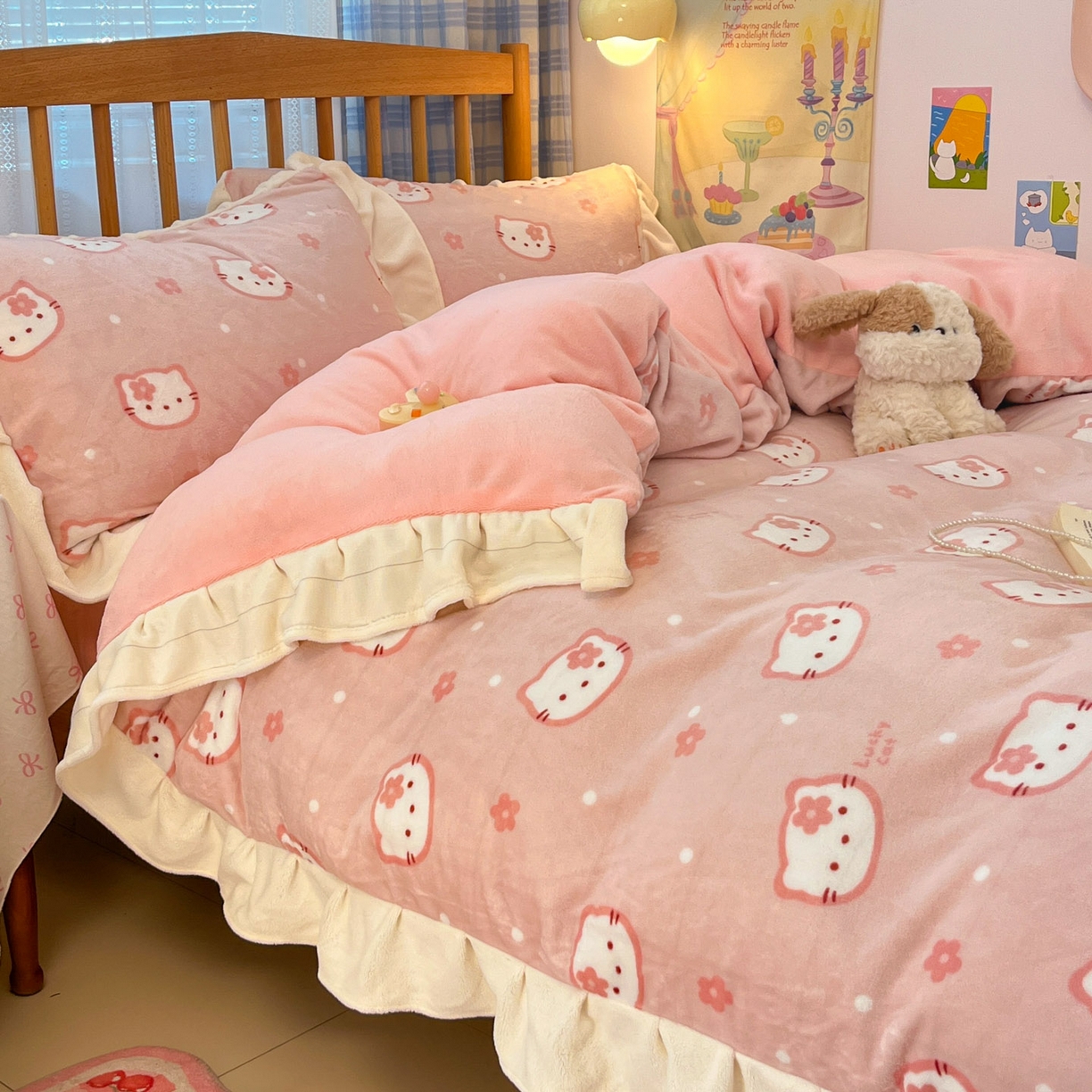 91家纺网 家纺一手货源 找家纺 川悦生活 2025新款A类韩版花边牛奶绒四件套 花边少女喵喵