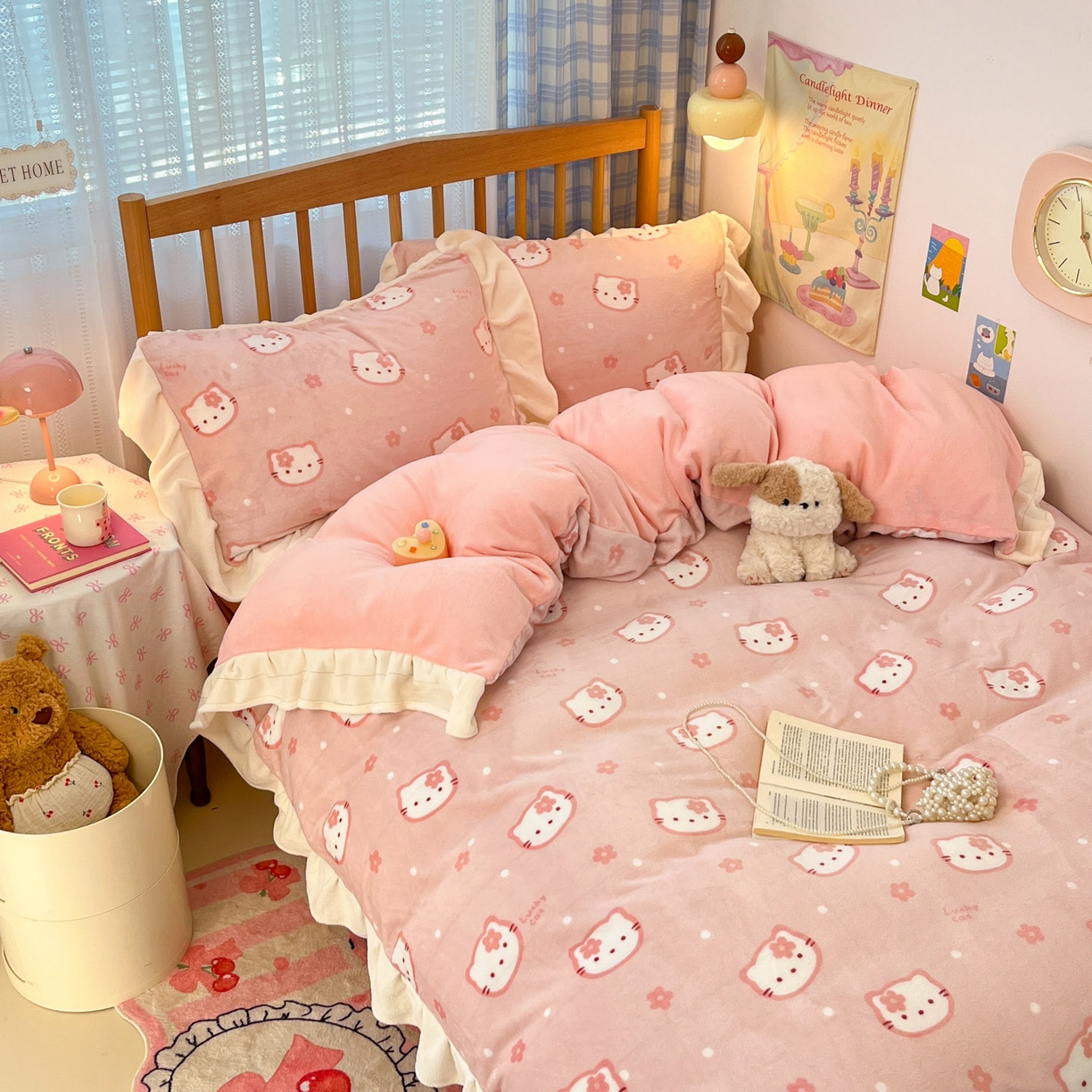 91家纺网 家纺一手货源 找家纺 川悦生活 2025新款A类韩版花边牛奶绒四件套 花边少女喵喵