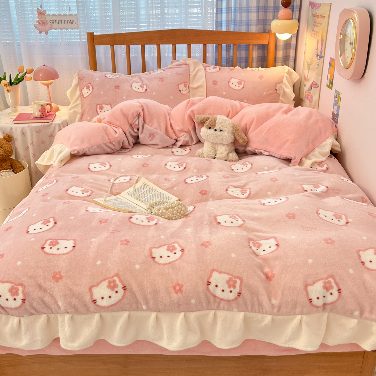 91家纺网 家纺一手货源 找家纺 川悦生活 2025新款A类韩版花边牛奶绒四件套 花边少女喵喵