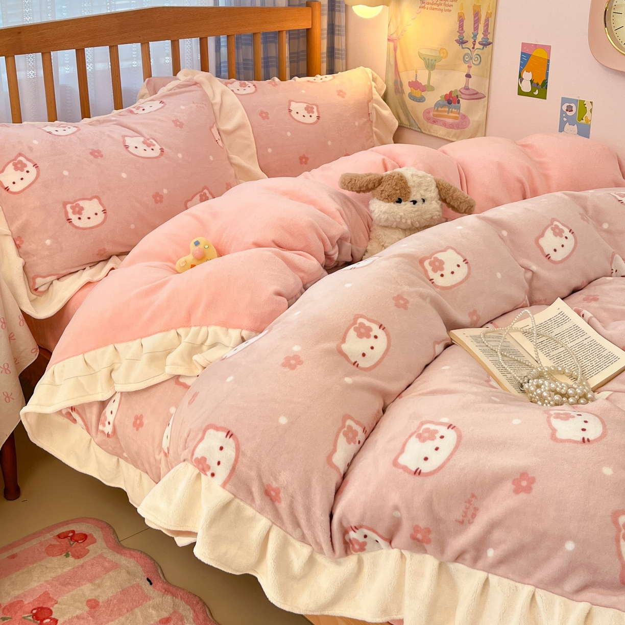 91家纺网 家纺一手货源 找家纺 川悦生活 2025新款A类韩版花边牛奶绒四件套 花边少女喵喵