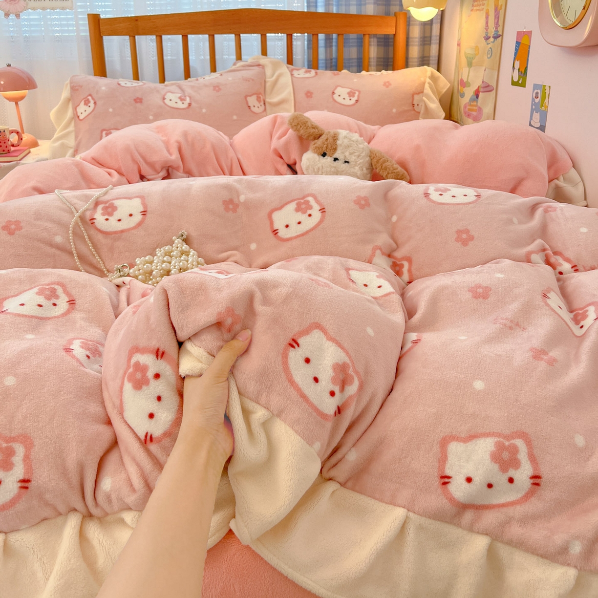 91家纺网 家纺一手货源 找家纺 川悦生活 2025新款A类韩版花边牛奶绒四件套 花边少女喵喵