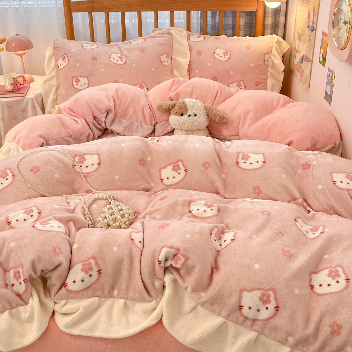 91家纺网 家纺一手货源 找家纺 川悦生活 2025新款A类韩版花边牛奶绒四件套 花边少女喵喵