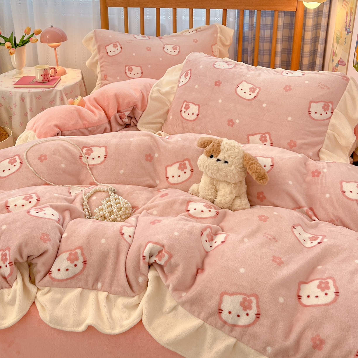 91家纺网 家纺一手货源 找家纺 川悦生活 2025新款A类韩版花边牛奶绒四件套 花边少女喵喵