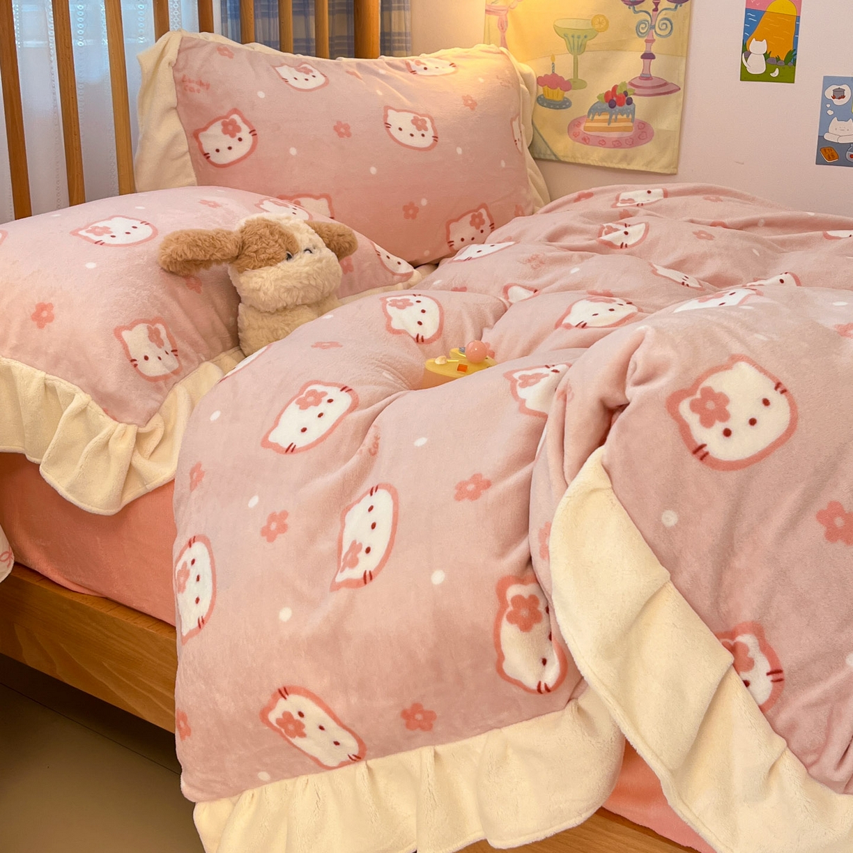 91家纺网 家纺一手货源 找家纺 川悦生活 2025新款A类韩版花边牛奶绒四件套 花边少女喵喵