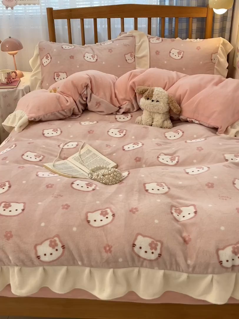 91家纺网 家纺一手货源 找家纺 川悦生活 2025新款A类韩版花边牛奶绒四件套 花边少女喵喵