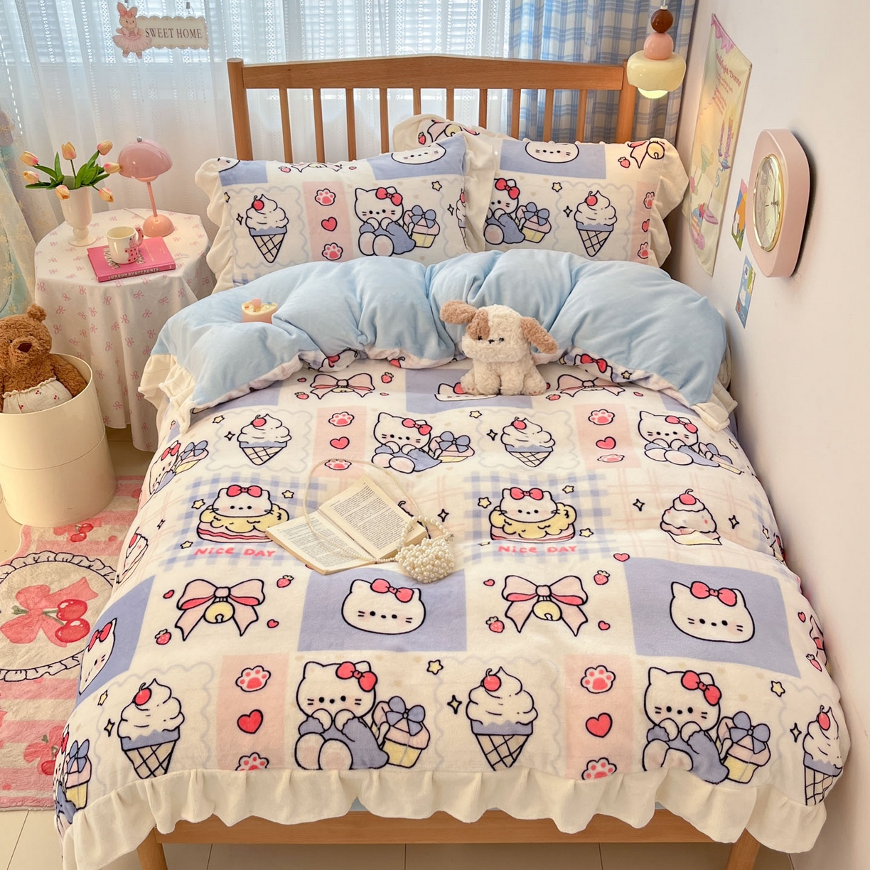 91家纺网 家纺一手货源 找家纺 川悦生活 2025新款A类韩版花边牛奶绒四件套 花边甜茶小猫