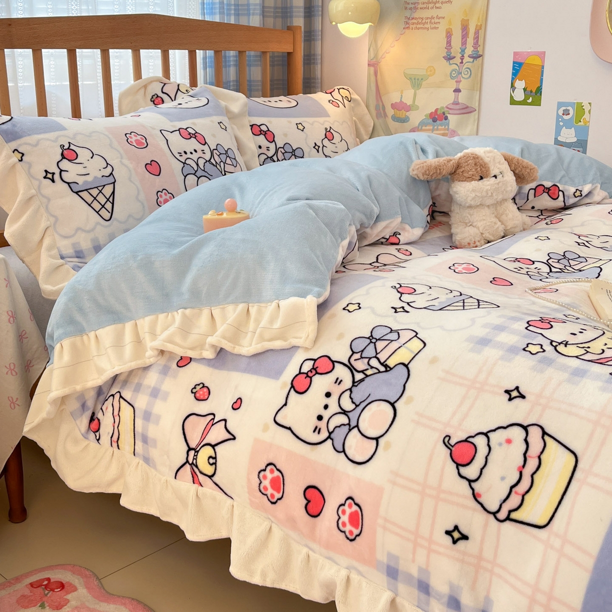 91家纺网 家纺一手货源 找家纺 川悦生活 2025新款A类韩版花边牛奶绒四件套 花边甜茶小猫