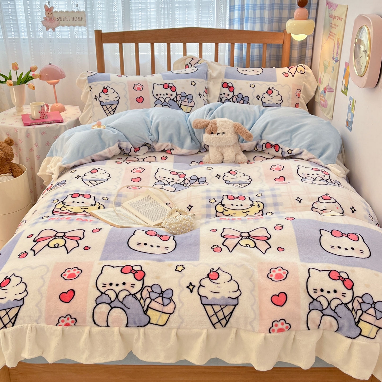 91家纺网 家纺一手货源 找家纺 川悦生活 2025新款A类韩版花边牛奶绒四件套 花边甜茶小猫