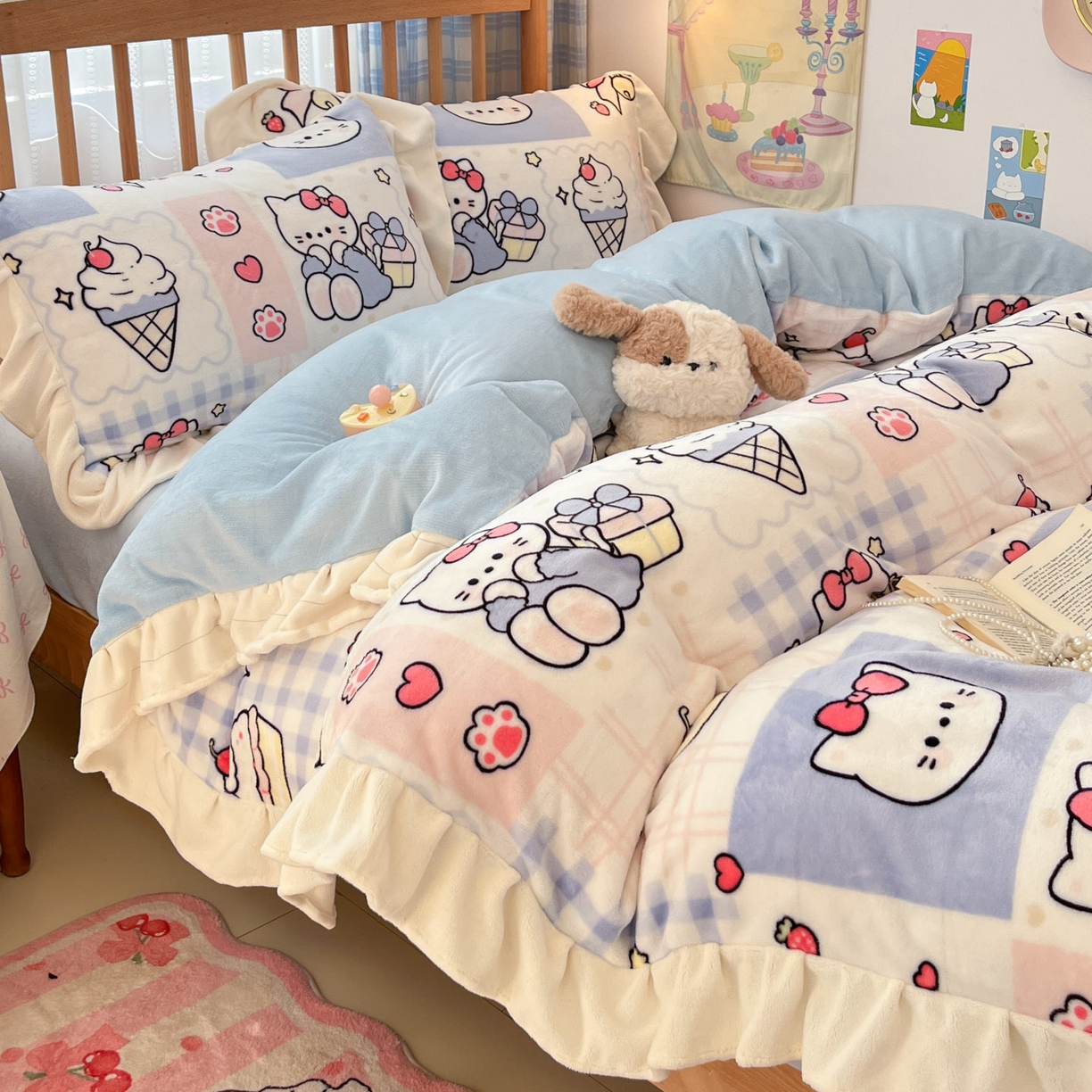 91家纺网 家纺一手货源 找家纺 川悦生活 2025新款A类韩版花边牛奶绒四件套 花边甜茶小猫