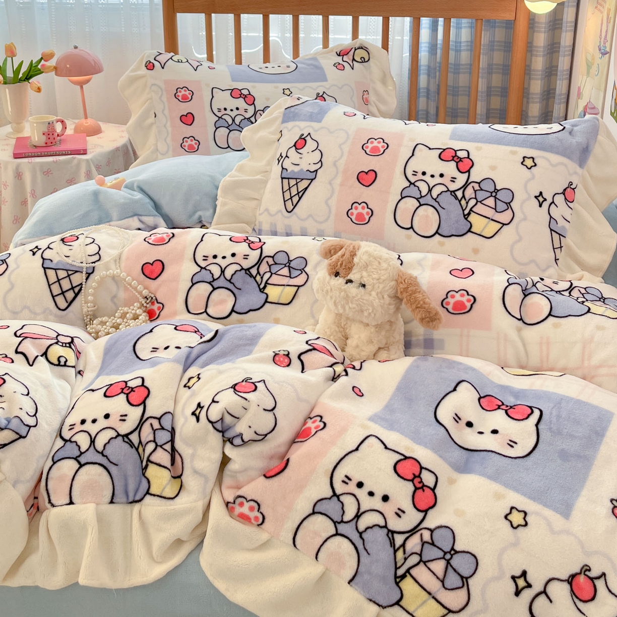 91家纺网 家纺一手货源 找家纺 川悦生活 2025新款A类韩版花边牛奶绒四件套 花边甜茶小猫