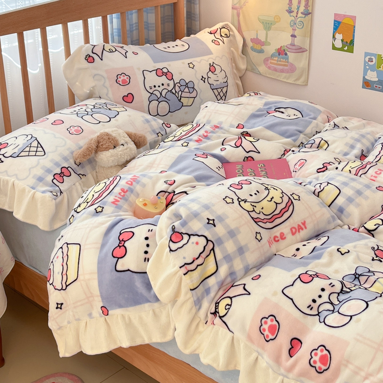 91家纺网 家纺一手货源 找家纺 川悦生活 2025新款A类韩版花边牛奶绒四件套 花边甜茶小猫