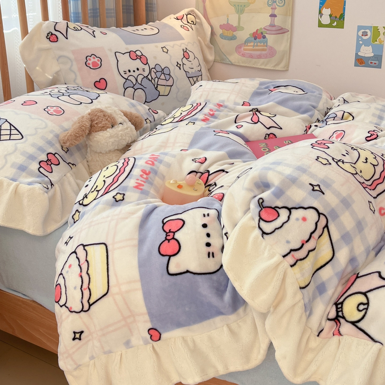 91家纺网 家纺一手货源 找家纺 川悦生活 2025新款A类韩版花边牛奶绒四件套 花边甜茶小猫