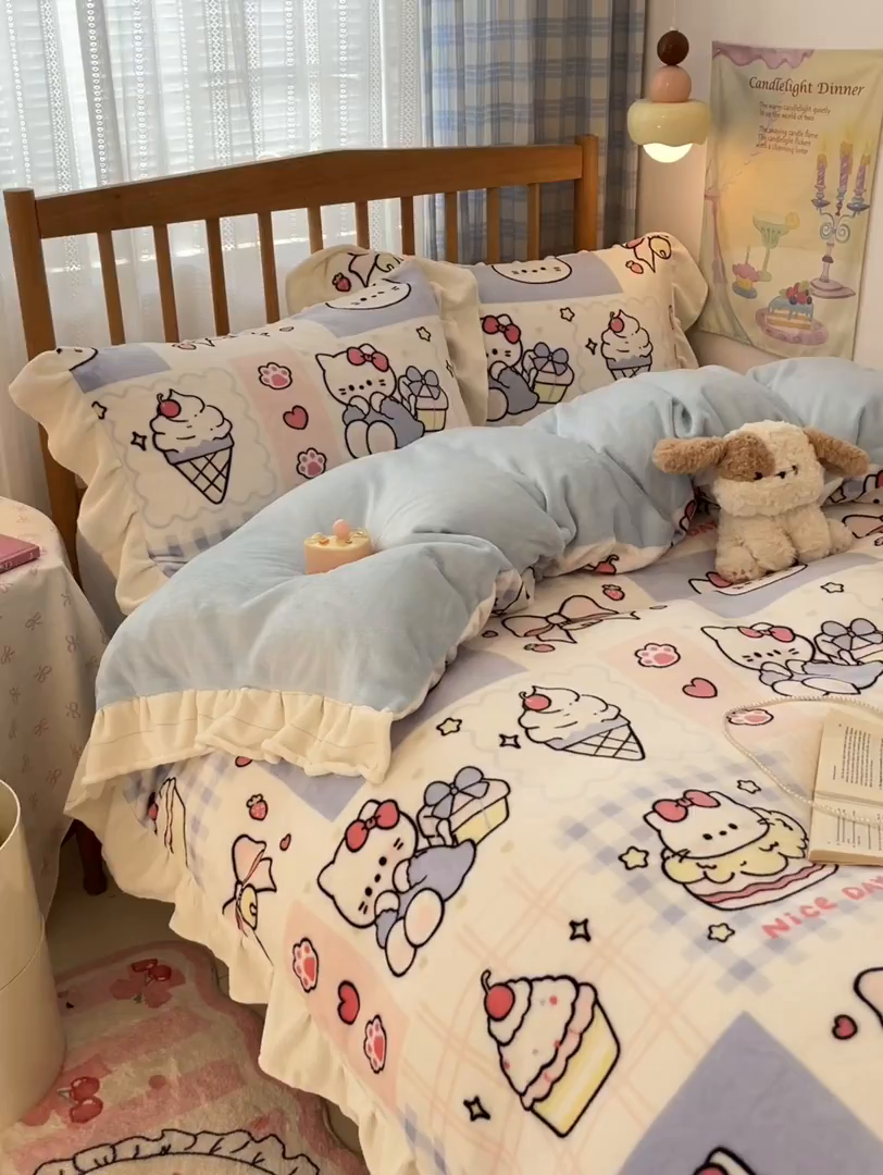 91家纺网 家纺一手货源 找家纺 川悦生活 2025新款A类韩版花边牛奶绒四件套 花边甜茶小猫