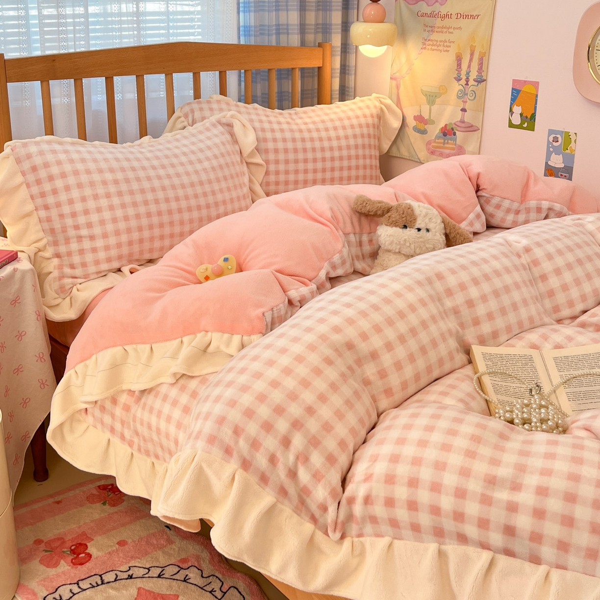 91家纺网 家纺一手货源 找家纺 川悦生活 2025新款A类韩版花边牛奶绒四件套 花边小屋格格奶粉