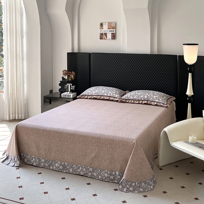 91家纺网 家纺一手货源 找家纺 金纱玉纺家纺 2025新款古法水洗花边床裙床单四件套 希露-灰