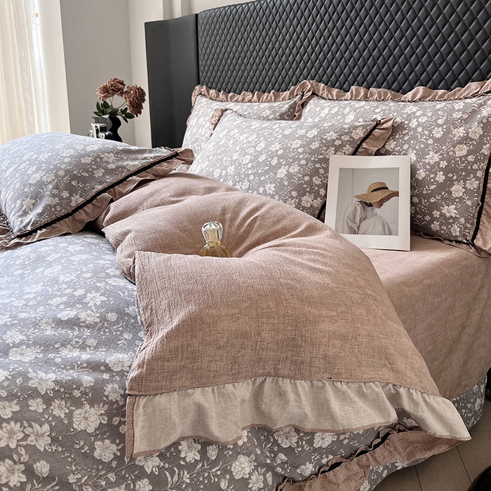 91家纺网 家纺一手货源 找家纺 金纱玉纺家纺 2025新款古法水洗花边床裙床单四件套 希露-灰