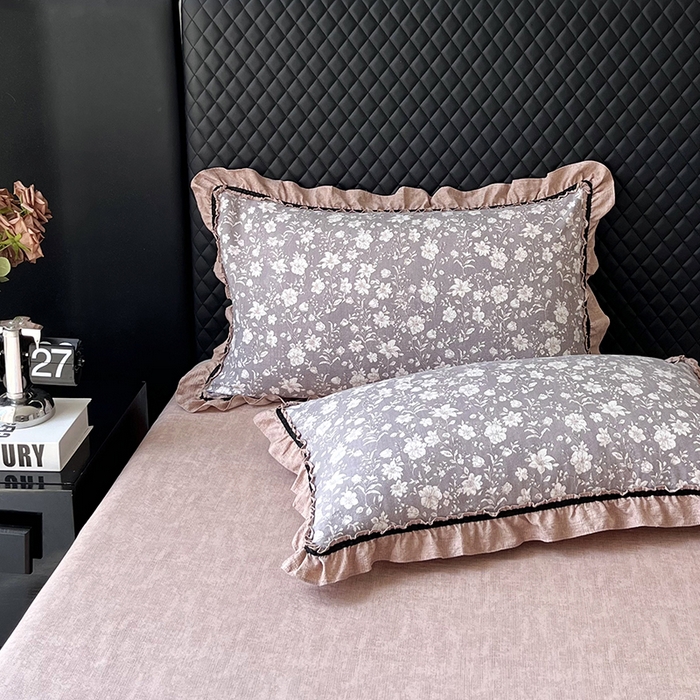 91家纺网 家纺一手货源 找家纺 金纱玉纺家纺 2025新款古法水洗花边床裙床单四件套 希露-灰