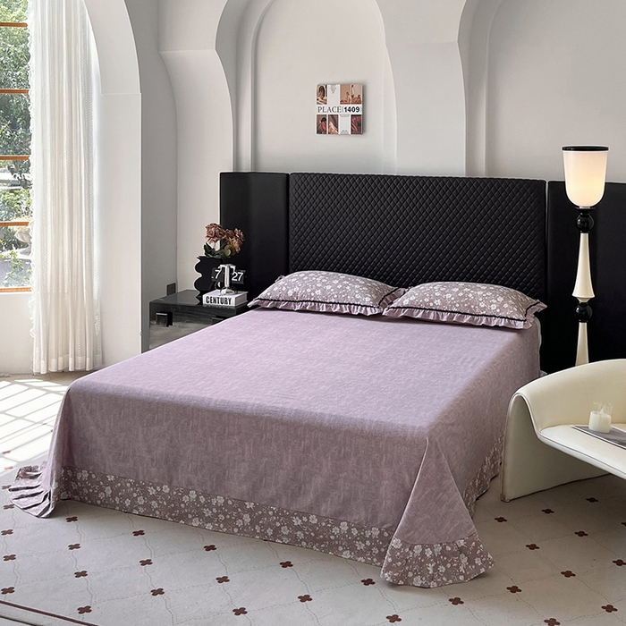 91家纺网 家纺一手货源 找家纺 金纱玉纺家纺 2025新款古法水洗花边床裙床单四件套 希露-紫豆沙