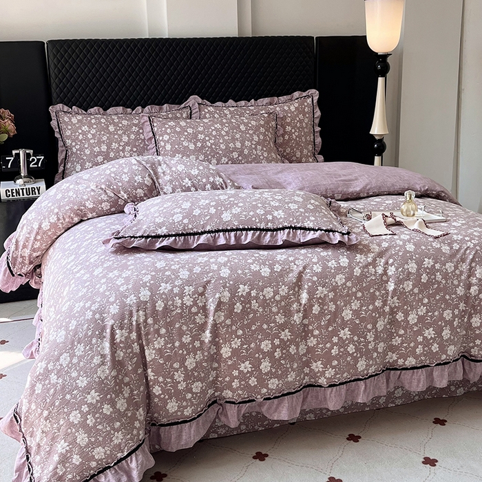 91家纺网 家纺一手货源 找家纺 金纱玉纺家纺 2025新款古法水洗花边床裙床单四件套 希露-紫豆沙