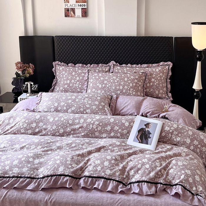 91家纺网 家纺一手货源 找家纺 金纱玉纺家纺 2025新款古法水洗花边床裙床单四件套 希露-紫豆沙