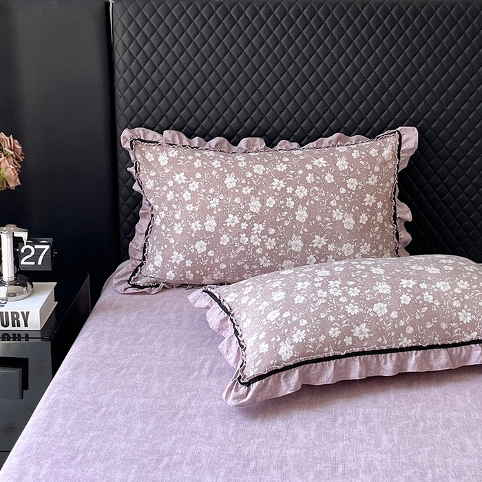 91家纺网 家纺一手货源 找家纺 金纱玉纺家纺 2025新款古法水洗花边床裙床单四件套 希露-紫豆沙