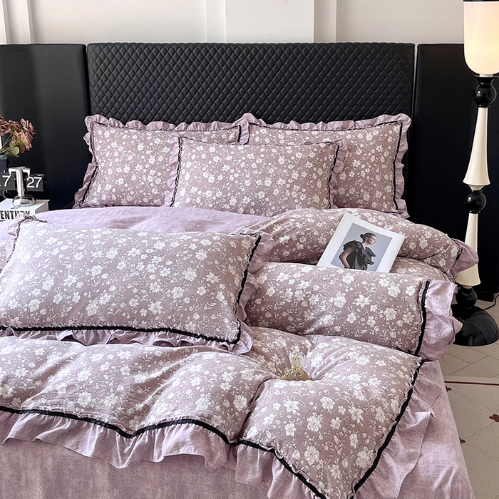 91家纺网 家纺一手货源 找家纺 金纱玉纺家纺 2025新款古法水洗花边床裙床单四件套 希露-紫豆沙