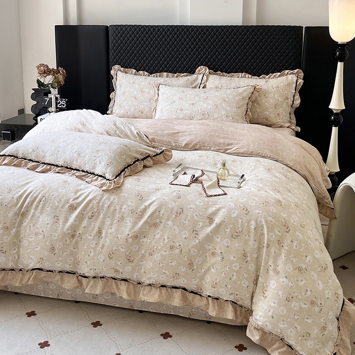 金纱玉纺家纺 2025新款古法水洗花边床裙床单四件套 仙韵-黄