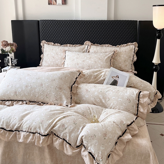 91家纺网 家纺一手货源 找家纺 金纱玉纺家纺 2025新款古法水洗花边床裙床单四件套 仙韵-黄