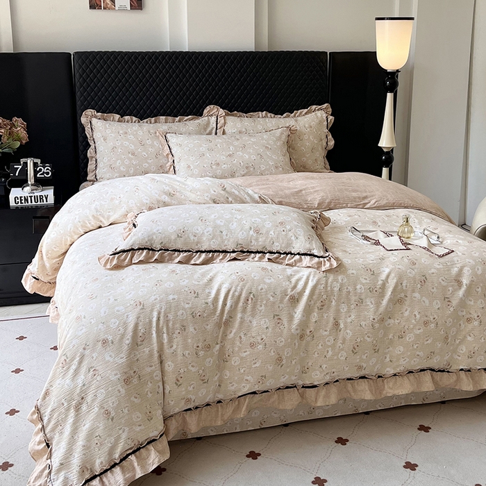 91家纺网 家纺一手货源 找家纺 金纱玉纺家纺 2025新款古法水洗花边床裙床单四件套 仙韵-黄