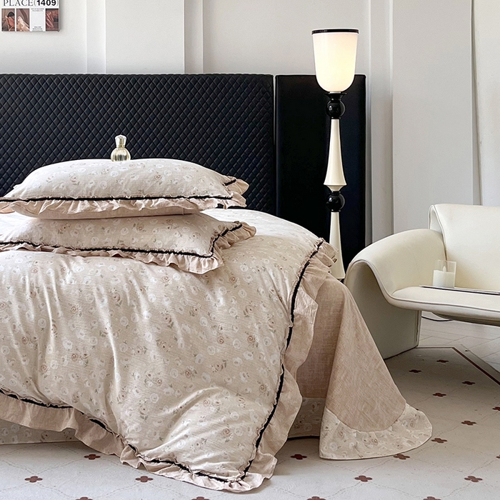 91家纺网 家纺一手货源 找家纺 金纱玉纺家纺 2025新款古法水洗花边床裙床单四件套 仙韵-黄