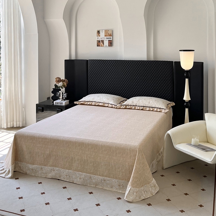 91家纺网 家纺一手货源 找家纺 金纱玉纺家纺 2025新款古法水洗花边床裙床单四件套 仙韵-黄