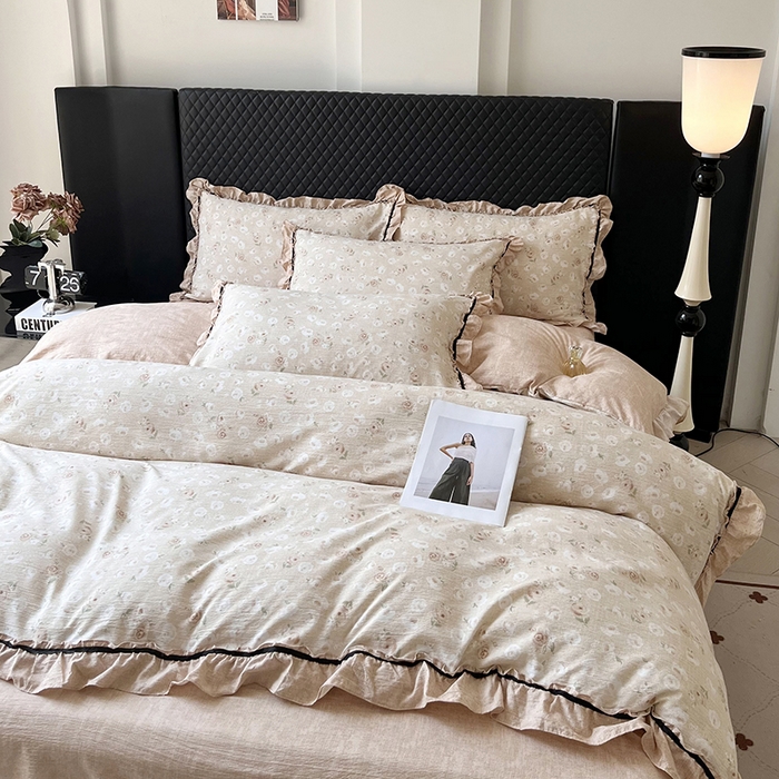 91家纺网 家纺一手货源 找家纺 金纱玉纺家纺 2025新款古法水洗花边床裙床单四件套 仙韵-黄