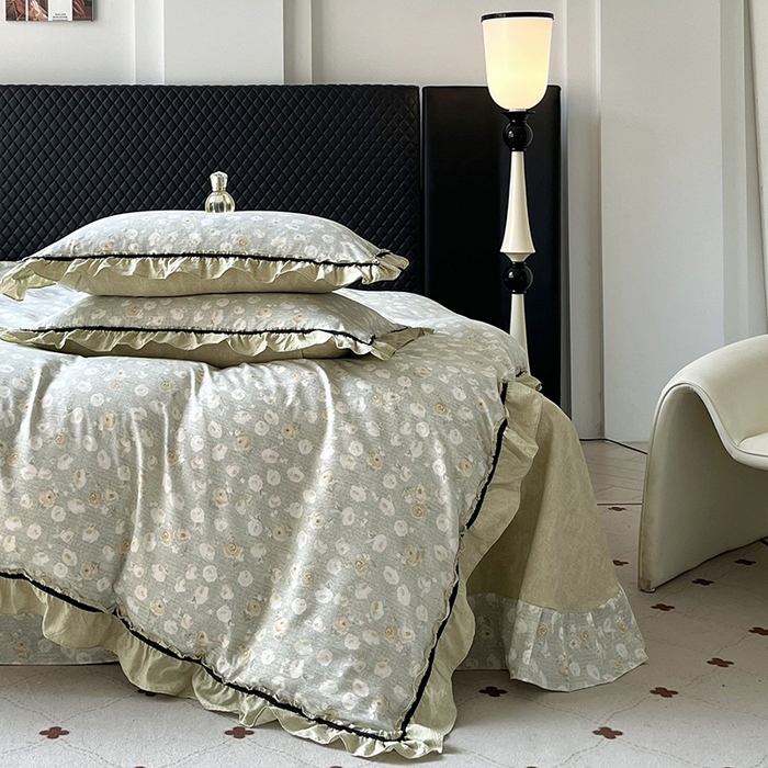 91家纺网 家纺一手货源 找家纺 金纱玉纺家纺 2025新款古法水洗花边床裙床单四件套 仙韵-绿