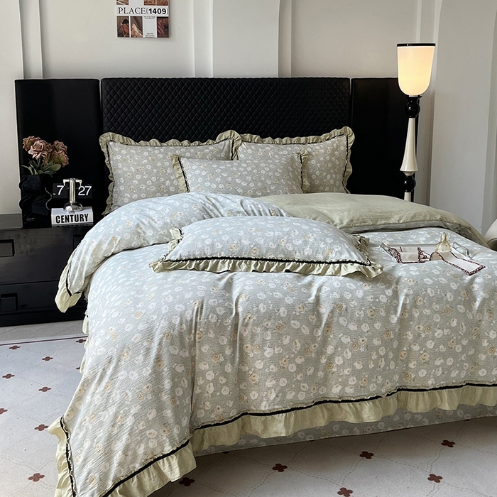 91家纺网 家纺一手货源 找家纺 金纱玉纺家纺 2025新款古法水洗花边床裙床单四件套 仙韵-绿