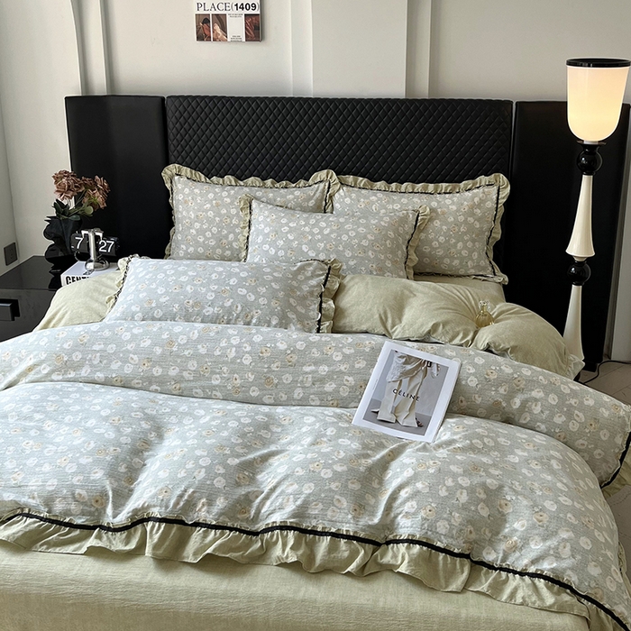 91家纺网 家纺一手货源 找家纺 金纱玉纺家纺 2025新款古法水洗花边床裙床单四件套 仙韵-绿