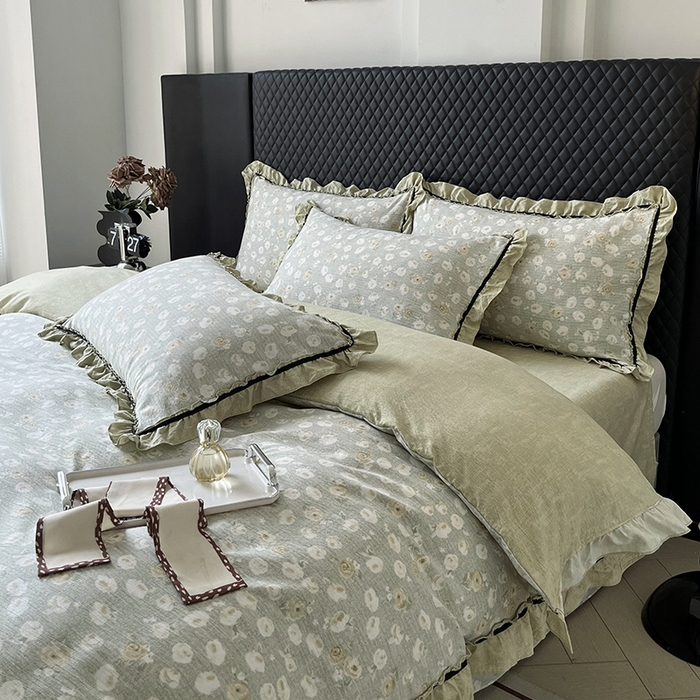 91家纺网 家纺一手货源 找家纺 金纱玉纺家纺 2025新款古法水洗花边床裙床单四件套 仙韵-绿