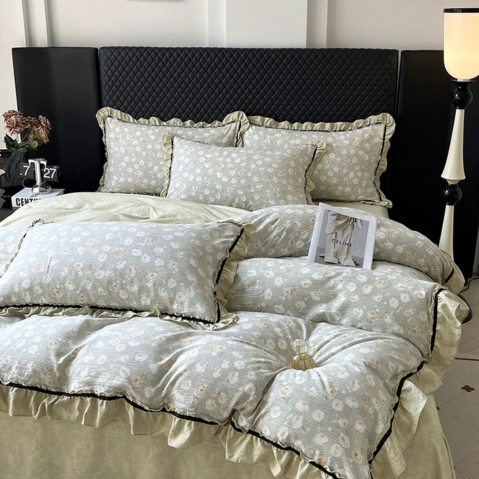 91家纺网 家纺一手货源 找家纺 金纱玉纺家纺 2025新款古法水洗花边床裙床单四件套 仙韵-绿