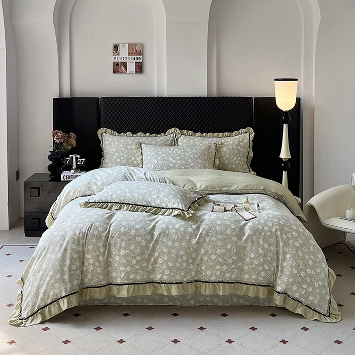 91家纺网 家纺一手货源 找家纺 金纱玉纺家纺 2025新款古法水洗花边床裙床单四件套 仙韵-绿