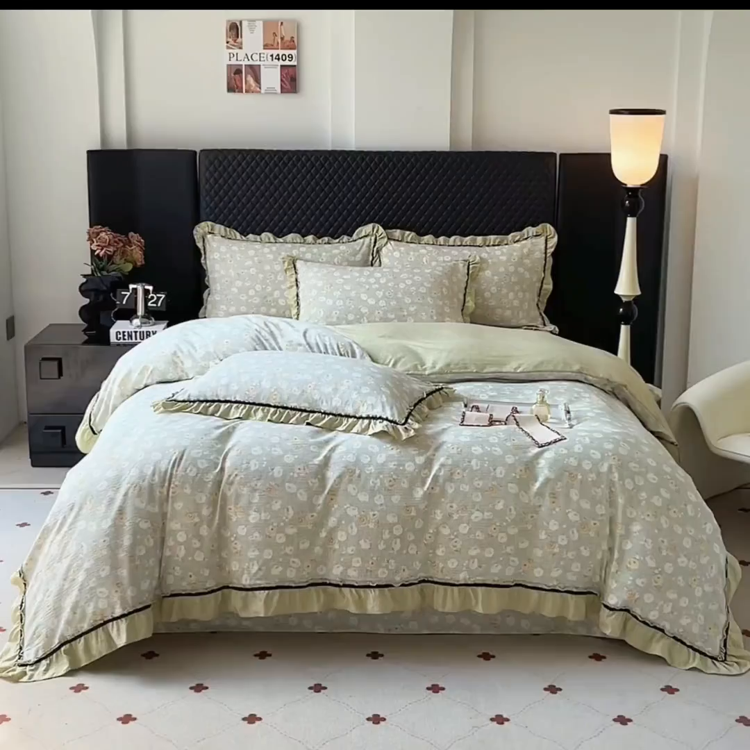 91家纺网 家纺一手货源 找家纺 金纱玉纺家纺 2025新款古法水洗花边床裙床单四件套 仙韵-绿