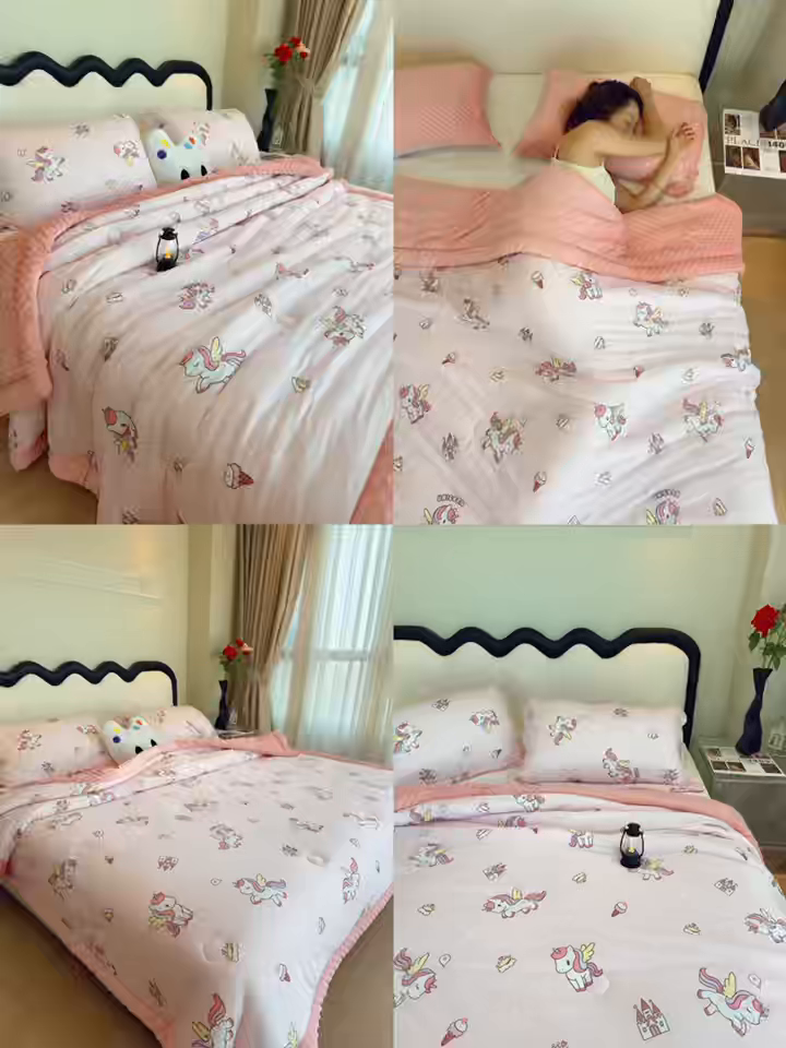 91家纺网 家纺一手货源 找家纺 兜米家居 2025新款针织豆豆绒被纯手工包边卡通立体豆豆绒保暖被被子被芯 粉色小马