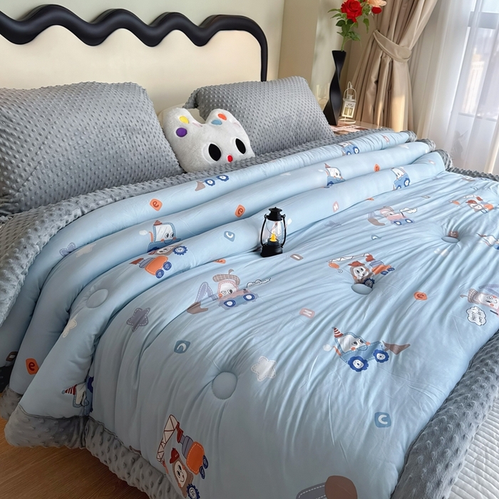 兜米家居 2025新款针织豆豆绒被纯手工包边卡通立体豆豆绒保暖被被子被芯 工程车