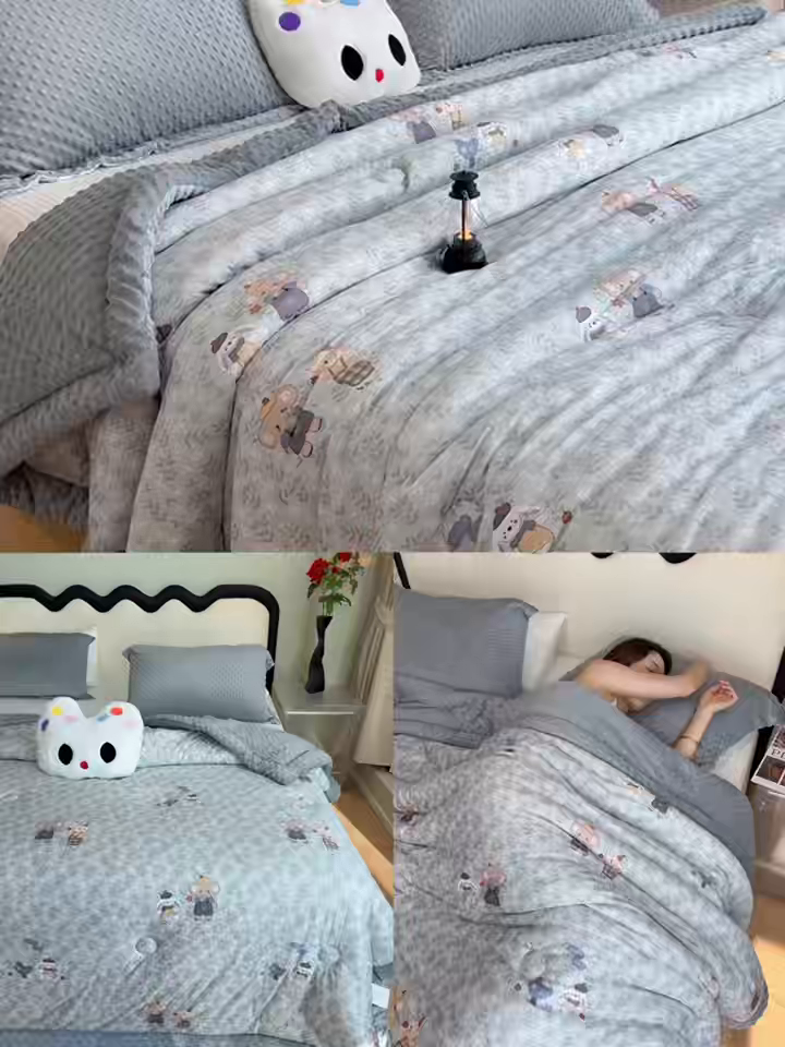 91家纺网 家纺一手货源 找家纺 兜米家居 2025新款针织豆豆绒被纯手工包边卡通立体豆豆绒保暖被被子被芯 花小象