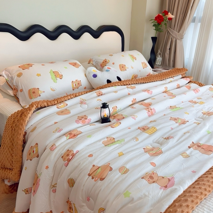 兜米家居 2025新款针织豆豆绒被纯手工包边卡通立体豆豆绒保暖被被子被芯 咖皮巴拉