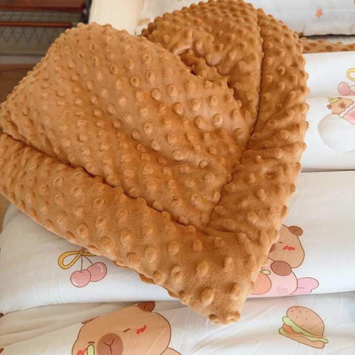 91家纺网 家纺一手货源 找家纺 兜米家居 2025新款针织豆豆绒被纯手工包边卡通立体豆豆绒保暖被被子被芯 咖皮巴拉