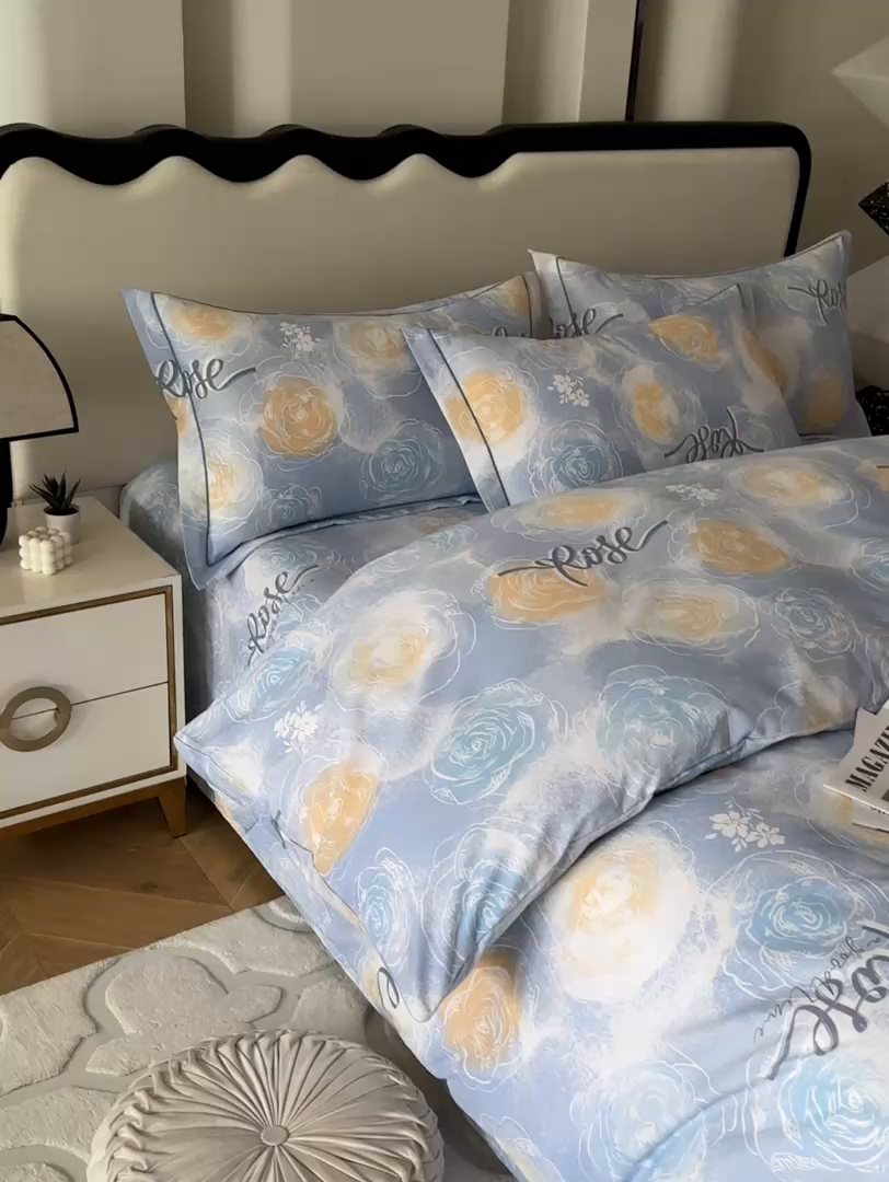 91家纺网 家纺一手货源 找家纺 金纱玉纺 2025年新款加厚四件套 花香满园-蓝