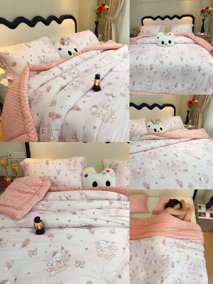 91家纺网 家纺一手货源 找家纺 兜米家居 2025新款针织豆豆绒被纯手工包边卡通立体豆豆绒保暖被被子被芯 可爱兔兔