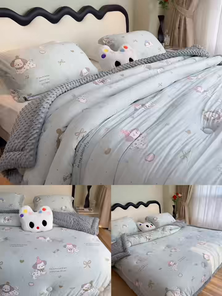 91家纺网 家纺一手货源 找家纺 兜米家居 2025新款针织豆豆绒被纯手工包边卡通立体豆豆绒保暖被被子被芯 萌萌小狗