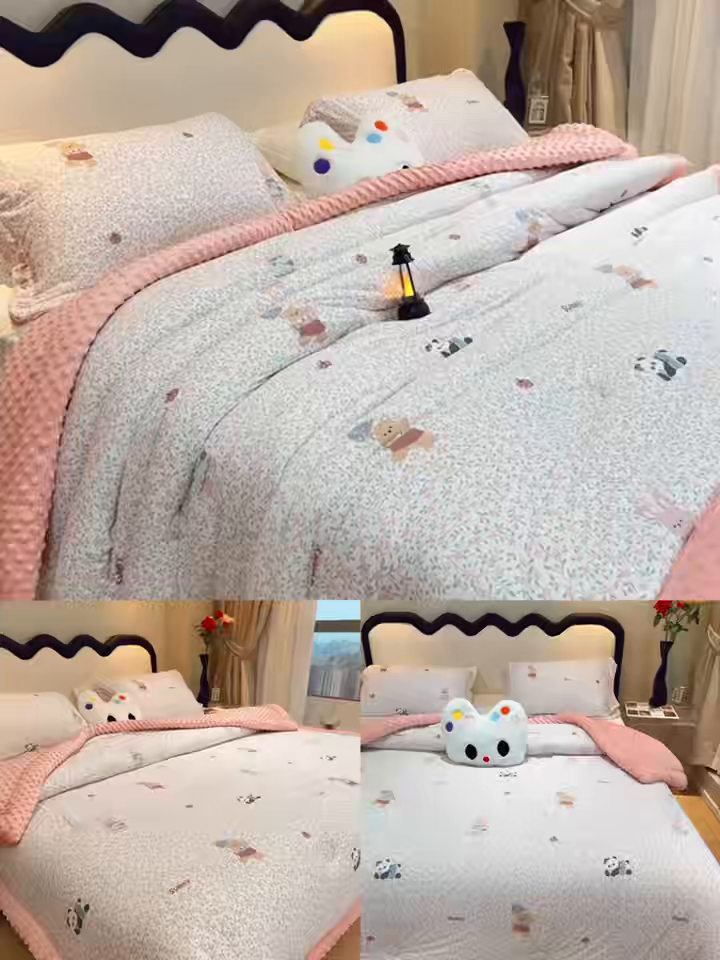 91家纺网 家纺一手货源 找家纺 兜米家居 2025新款针织豆豆绒被纯手工包边卡通立体豆豆绒保暖被被子被芯 熊猫和兔兔