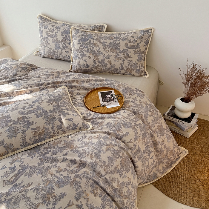 91家纺网 家纺一手货源 找家纺 （总）竹合家纺 2025秋冬新品高克重爆款流苏边色织仿麻复古侘寂风四件套 （零售价格不可低于148元）